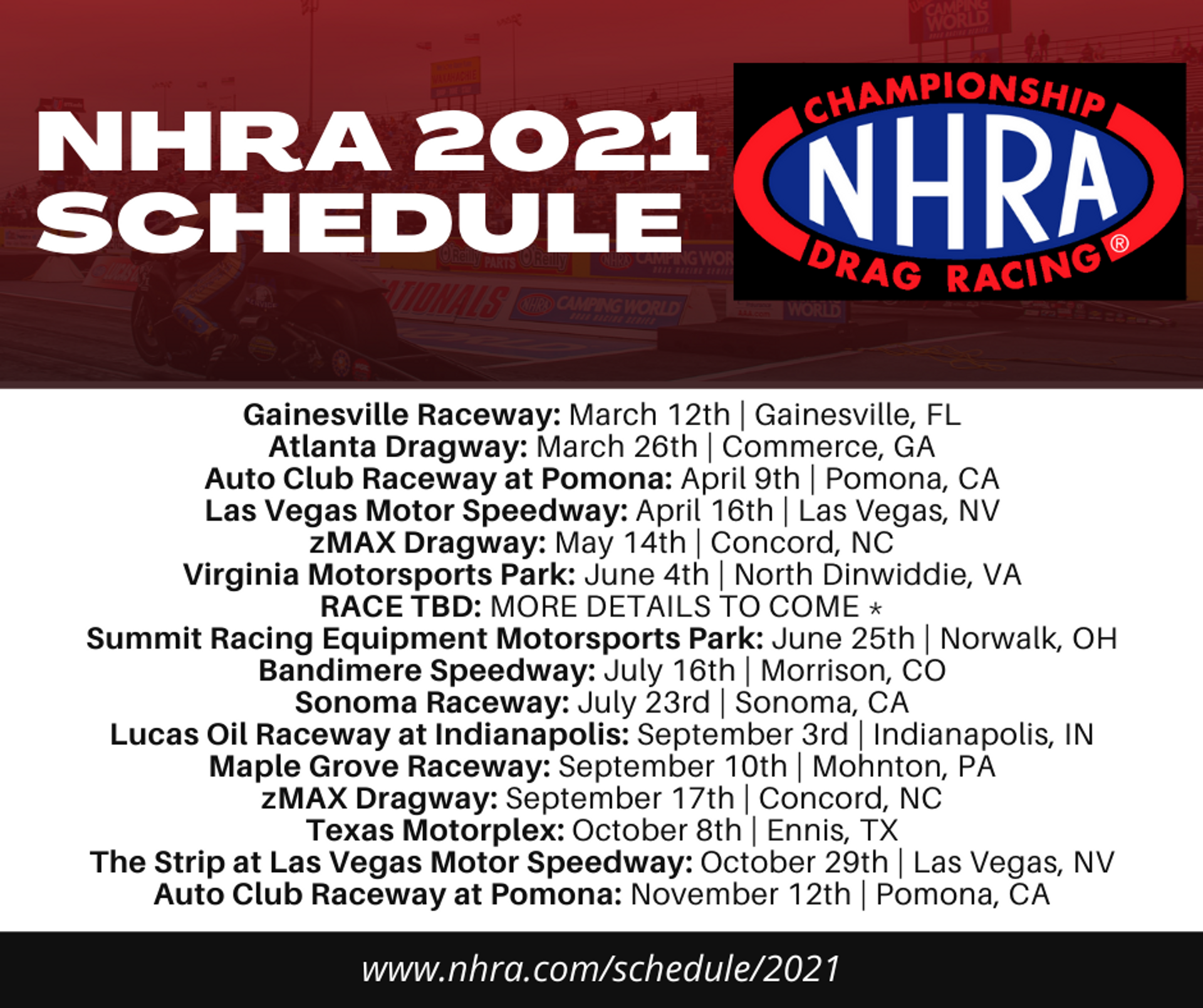 NHRA 2021 Racing Schedule - Shop HTP