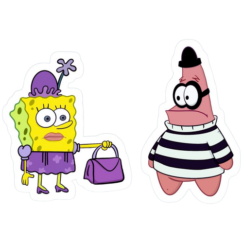 sponge bob  in purple dress and Patrick as a robber