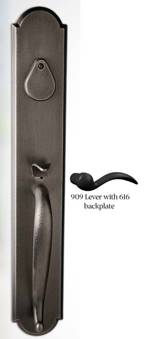 Bravura Rustico Grande Handleset arched w/909 Lever, 616 backplate, Lefthand in oil-rubbed bronze. ONLY 1 LEFT