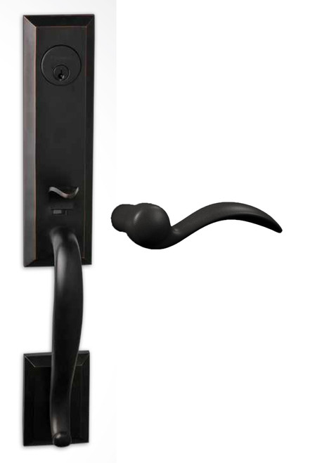 Bravura single cylinder entry handleset w 910 interior trim and 909 lever RH in oil-rubbed bronze. ONLY 1 LEFT