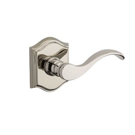 Baldwin passage set with curved lever and traditional arched rosette in polished nickel.