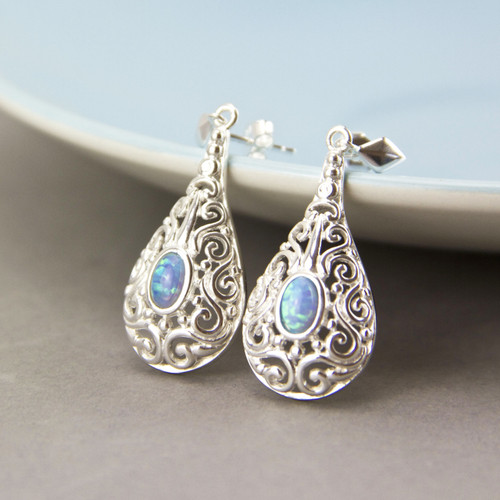 Sterling Silver Ornamental Opal Earrings