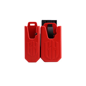 Red polymer magazine pouch with 360° rotation and belt clip — GH competition mag holder for USPSA/IPSC