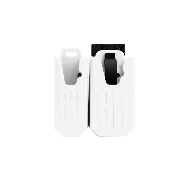 White polymer magazine pouch with 360° rotation and belt clip — GH competition mag holder for USPSA/IPSC