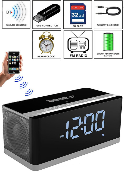 Boytone BT-86C Bluetooth 4.1 Portable Alarm Clock Radio Wireless Speaker, Digital FM Tuning Builtin 8 Hours Play Rechargeable Battery, Mic, Large LED Display, USB, Micro SD Slot, AUX, 110/220 Volt