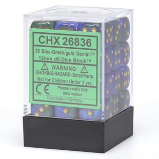 Chessex - Gemini D6 12mm Dice Block 36 -Dice Set - Blue-green w/ Gold Chessex - Gemini D6 12mm Dice Block 36 -Dice Set - Blue-green w/ Gold