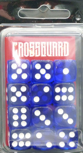 Crossguard Translucent 16mm D6 12-Dice Set TR06 - Dark Blue w/ White pips