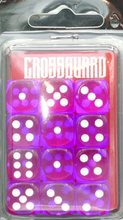 Crossguard Translucent 16mm D6 12-Dice Set TR09 - Purple w/ White pips