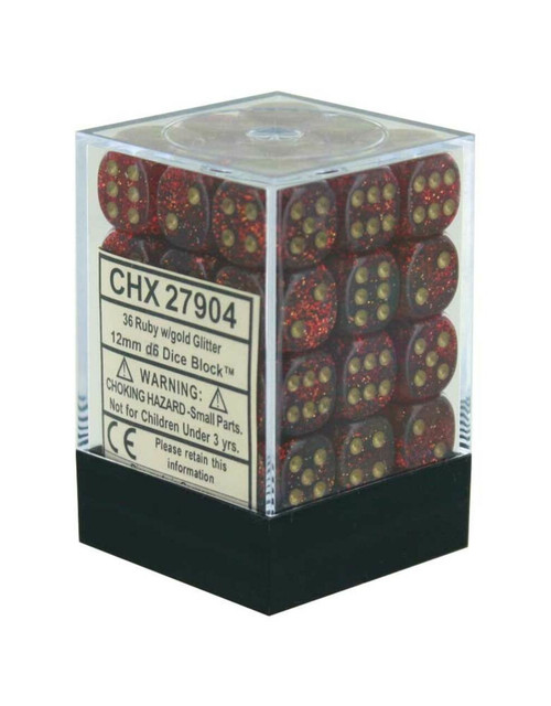 Chessex - Glitter D6 12mm Dice Block 36-Dice Set - Ruby Red w/Gold