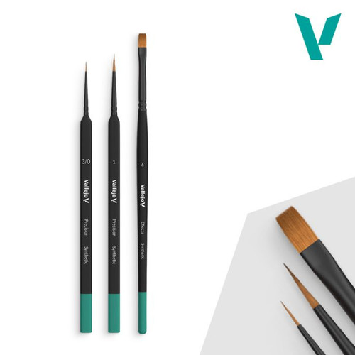 Vallejo Brushes -  Synthetic Toray Brush Starter 3pc Set Round No.S 1 Y 3/0-Flat No.4