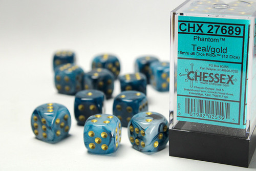 Chessex - Phantom D6 16mm Dice 12 -Dice Set - Teal w/Gold Chessex - Phantom D6 16mm Dice 12 -Dice Set - Teal w/Gold