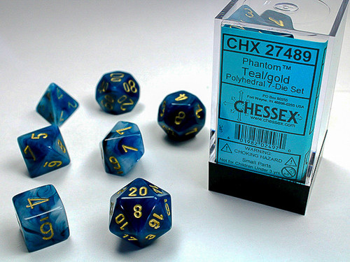 Chessex - Phantom Polyhedral 7-Dice Set - Teal w/Gold Chessex - Phantom Polyhedral 7-Dice Set - Teal w/Gold
