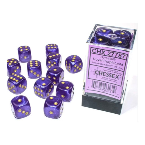 Chessex - Borealis D6 16mm Dice 12 -Dice Set - Royal Purple/gold