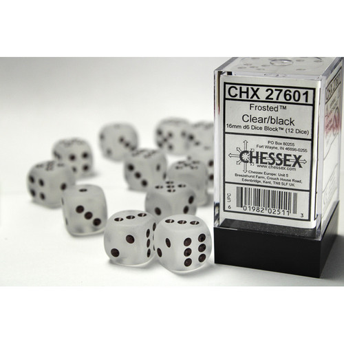 Chessex - Frosted D6 16mm Dice Block 12 -Dice Set - Clear w/Black