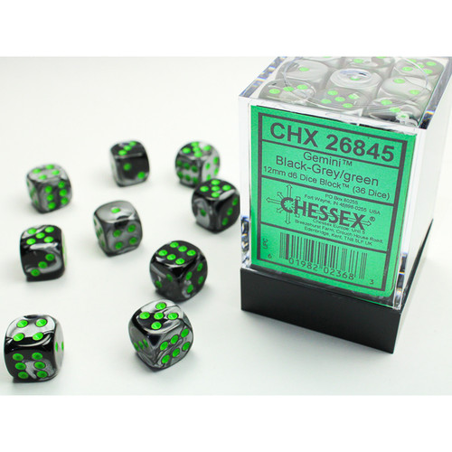 Chessex - Gemini D6 12mm Dice Block 36 -Dice Set - Black-grey w/ Green Chessex - Gemini D6 12mm Dice Block 36 -Dice Set - Black-grey w/ Green