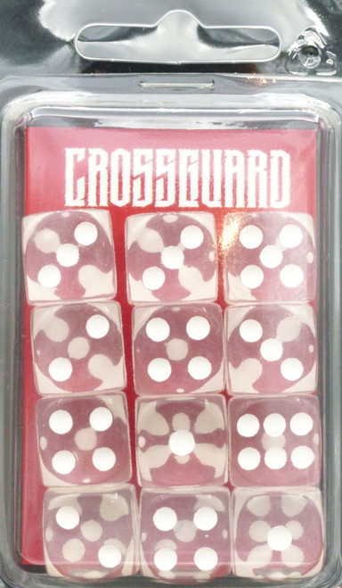 Crossguard Translucent 16mm D6 12-Dice Set TR11 - Clear w/ White pips