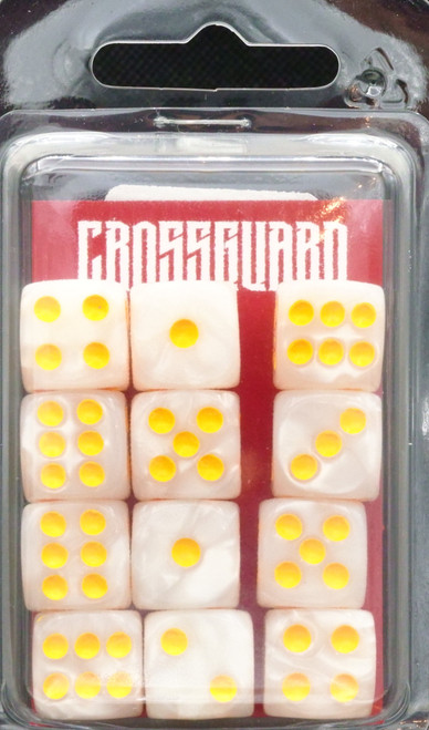 Crossguard Marble 16mm D6 12-Dice Set MA10 - Pearl w/ Yellow pips