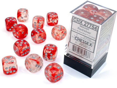 Chessex - Nebula D6 16mm Dice Block 12 - Dice Set - Red/Silver w/Luminary Chessex - Nebula D6 16mm Dice Block 12 - Dice Set - Red/Silver w/Luminary