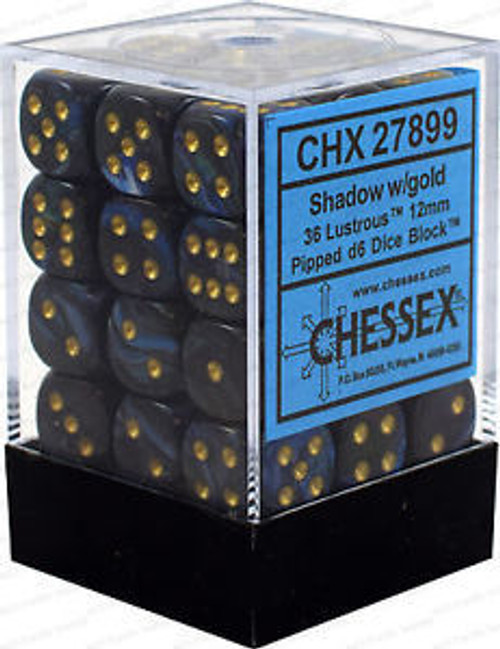 Chessex - Lustrous D6 12mm Dice Block 36-Dice Set - Shadow w/gold Chessex - Lustrous D6 12mm Dice Block 36-Dice Set - Shadow w/gold