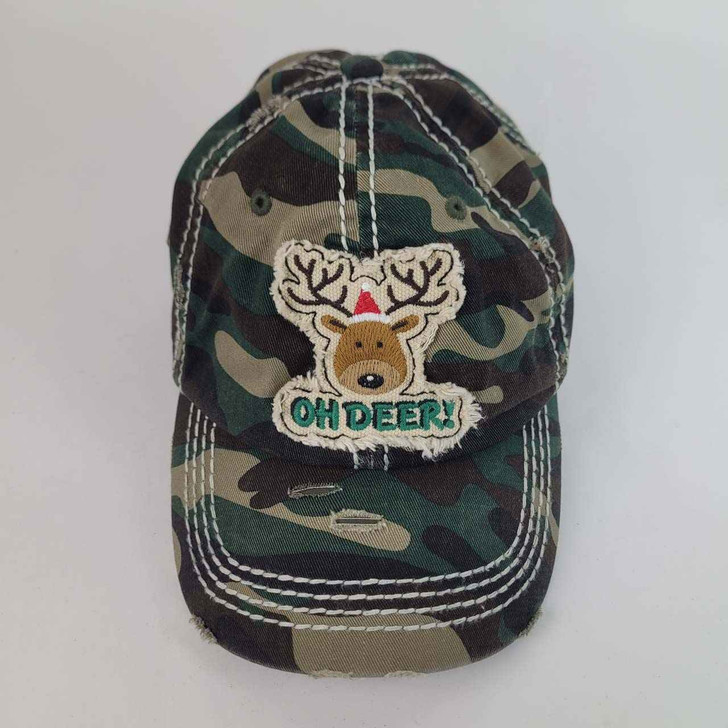  Cap - Oh Deer! - Distressed Camouflage with Deer Head wearing Santa Hat - Cute!