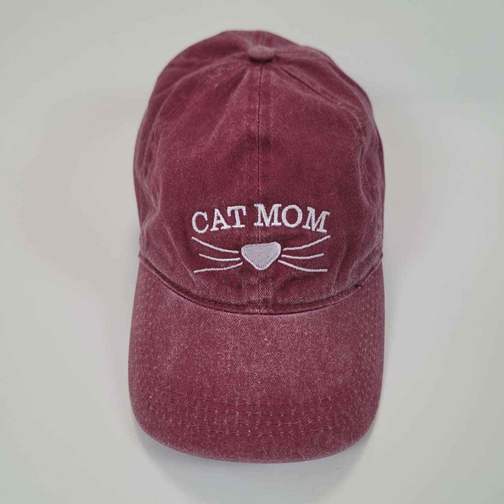 Cap - Cat Mom - Burgundy Stone Wash - Embroidered - Adjustable