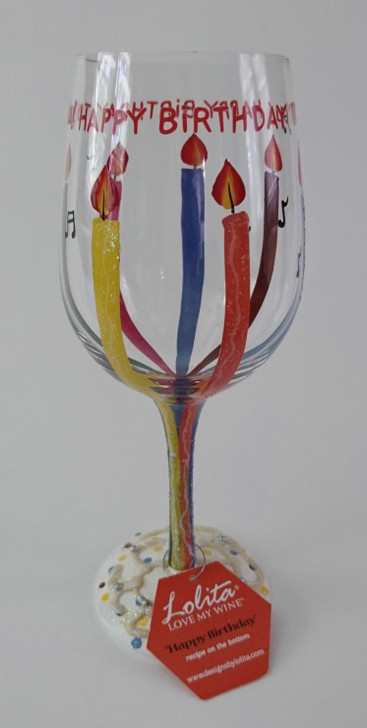 Lolita Wine Glass 15 oz. Hand Painted w/Recipe on Bottom Happy Birthday - Pre-Owned