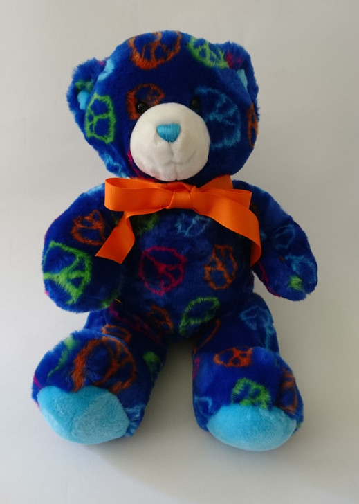 Build A Bear Peace Sign Bear with Orange Ribbon Around Neck - Sitting 14" H - Pre-Owned