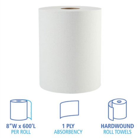Hardwound Paper Towels, 1-Ply, 8" x 600 ft, White, 2" Core, 12 Rolls/Carton