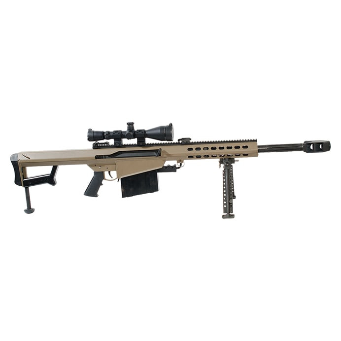 Barrett Model 82A1 50 BMG Rifle System FDE Cerakote Receiver 20" fluted barrel with Leupold Mark 4 M1 scope and Barrett Ultra High Rings UA1634. Used