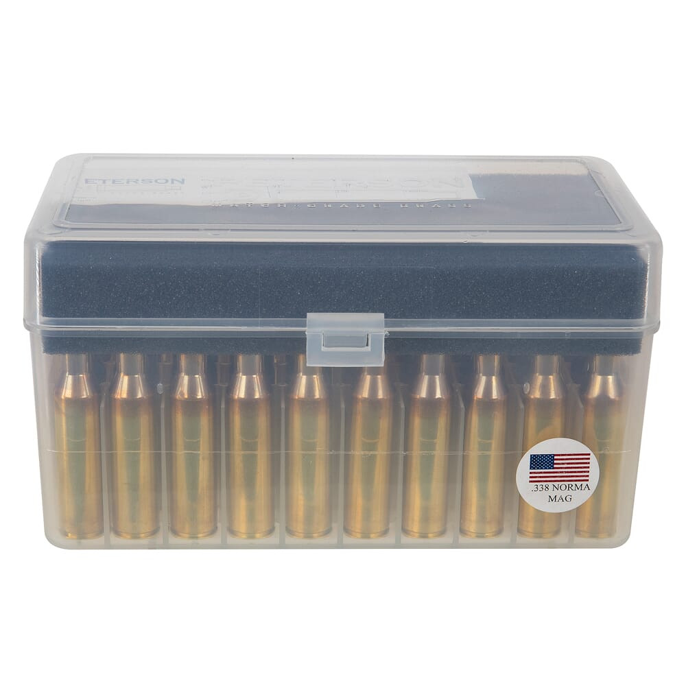 Peterson  .338 Norma Mag Box of 50 PCC338NM50 used as new 2 necks dented / plastic box  cracked UA2090