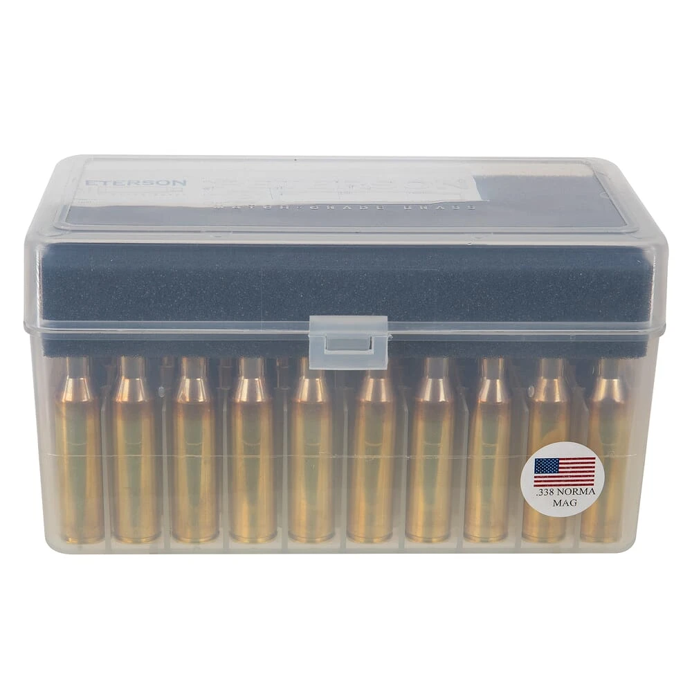 Peterson  .338 Norma Mag Box of 50 PCC338NM50 used as new 2 necks dented / plastic box  cracked UA2090