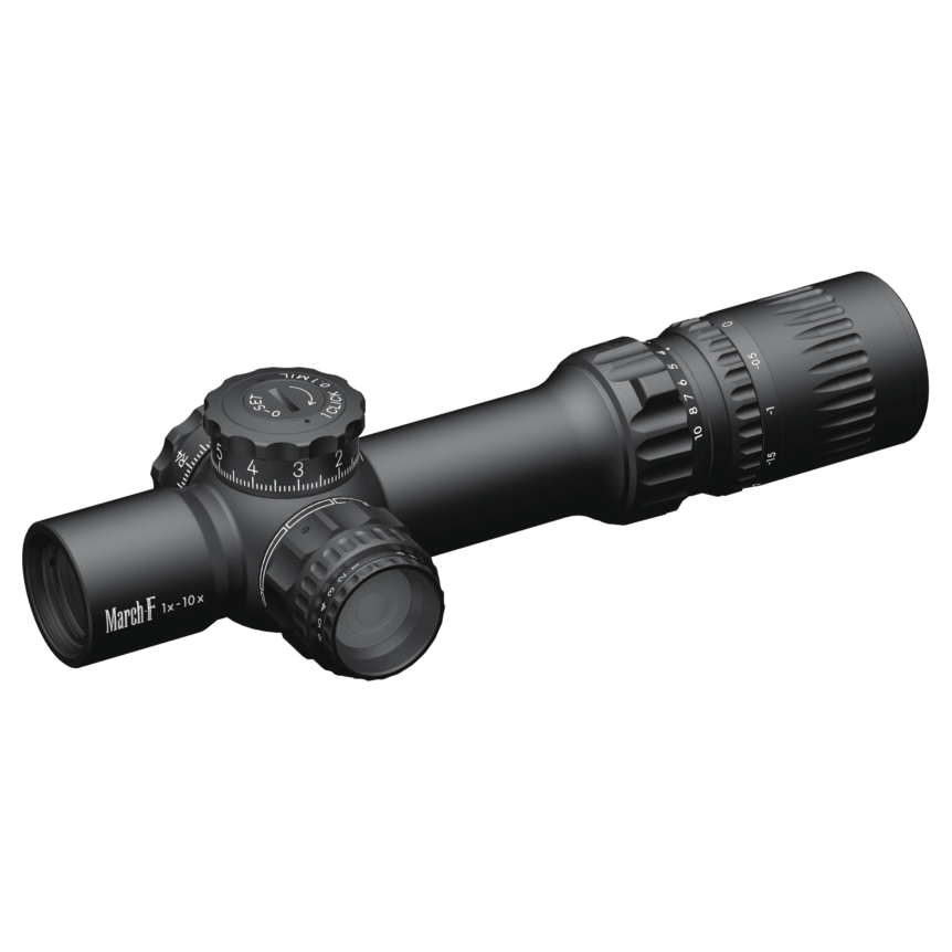 March Compact Tactical Shorty Gen II 1-10x24mm FFP DR-1F Reticle 0.1MIL 6Level Illum Riflescope w/Shuriken Dial Lock D10SV24FDIMLX-DR-1F