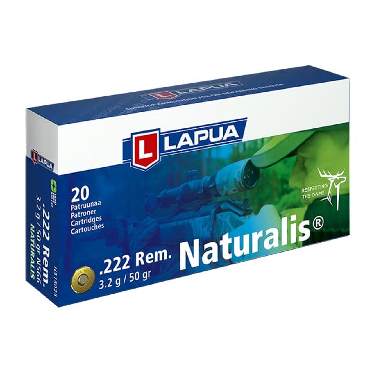 Lapua .222 Remington 50gr Naturalis Solid Box of 20 N315025