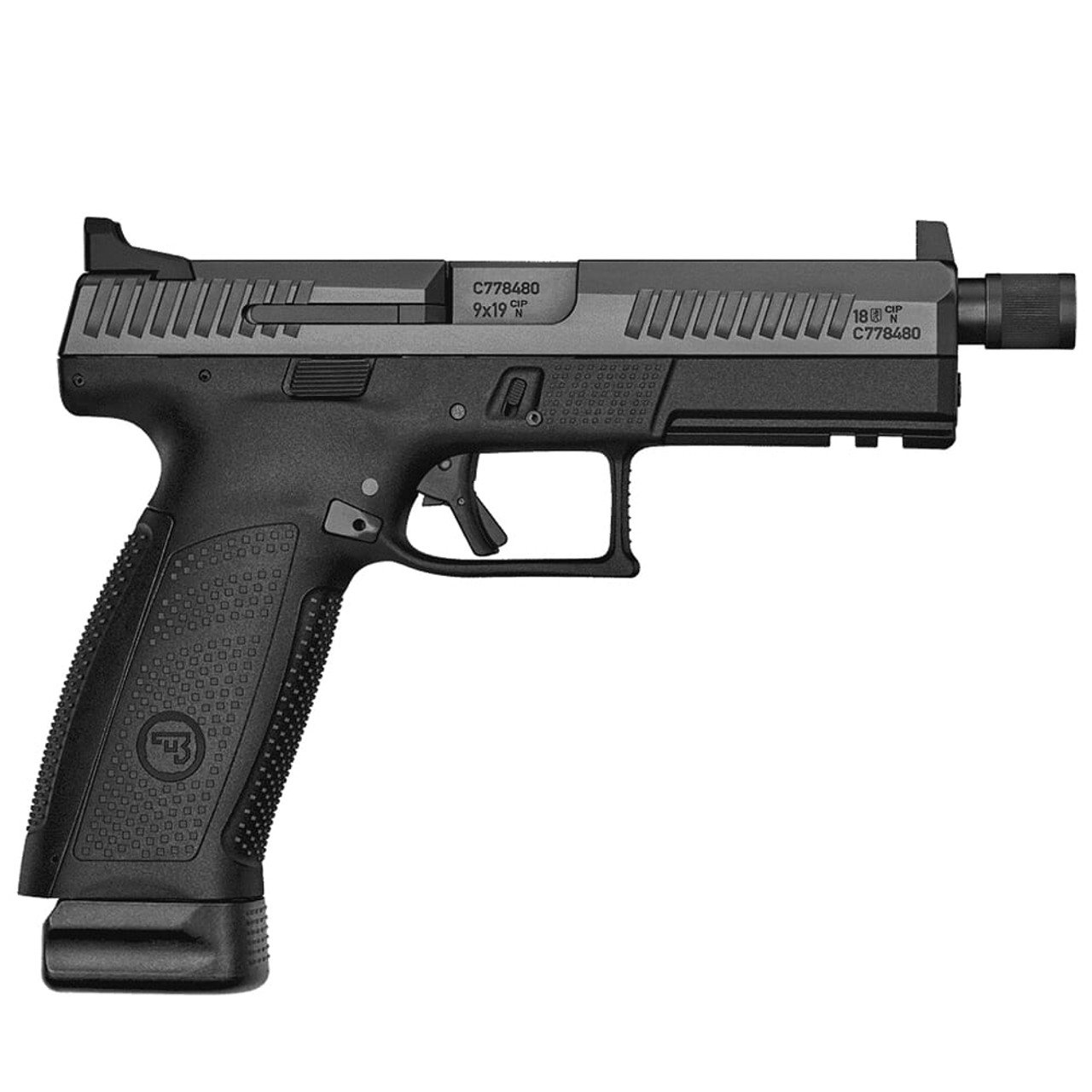 CZ-USA P-10 F Suppressor-Ready 9mm 21rd 1/2x28 Blk Handgun w/Polymer Frame, Nitride Slide, High Fixed Sights, 3 Back Straps, Rev Mag Catch 89543