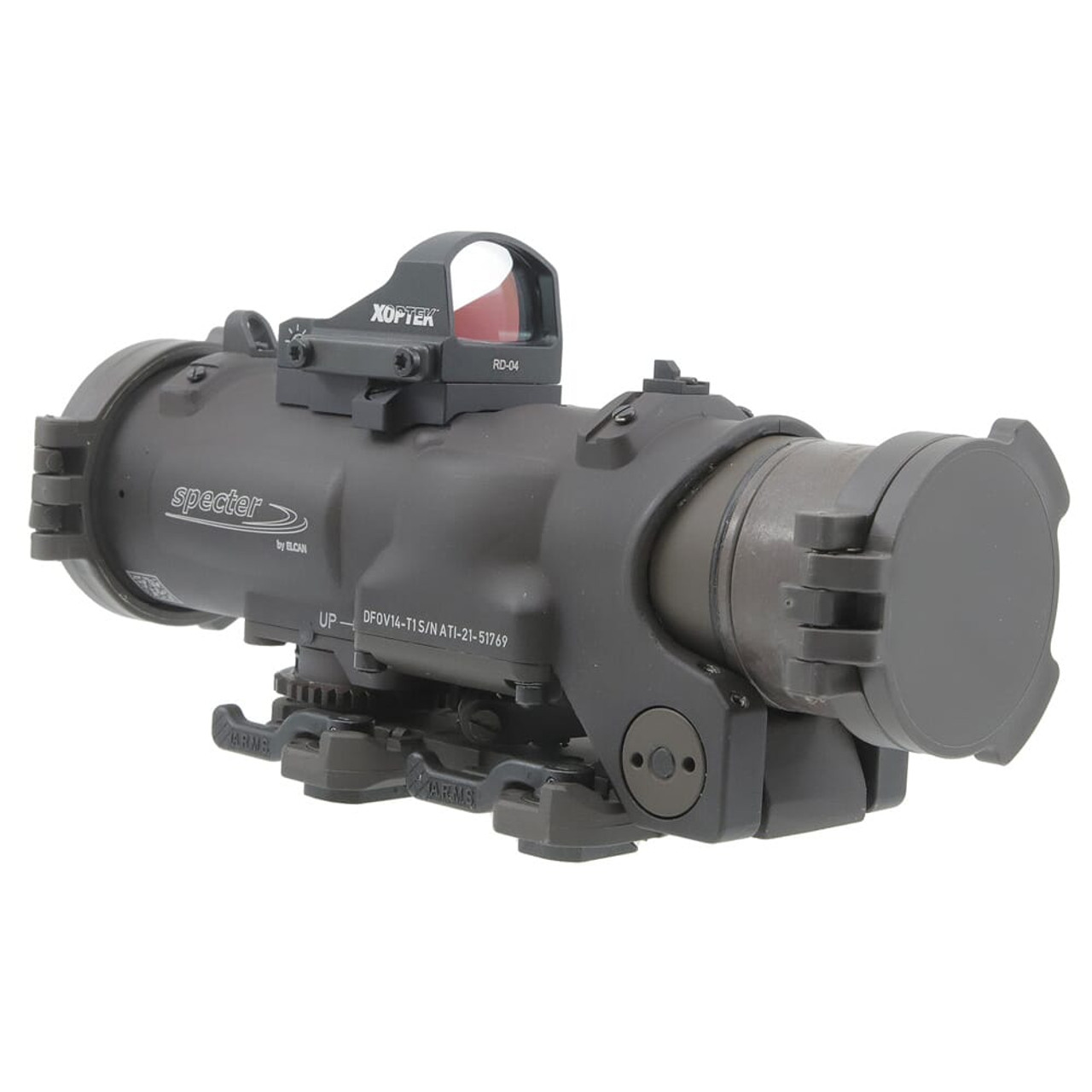 Elcan SpecterDR 1x/4x 5.56mm FDE Riflescope w/Flip Covers, ARD, A.R.M.S. & 4MOA XOPTEK DFOV14-F1-X4