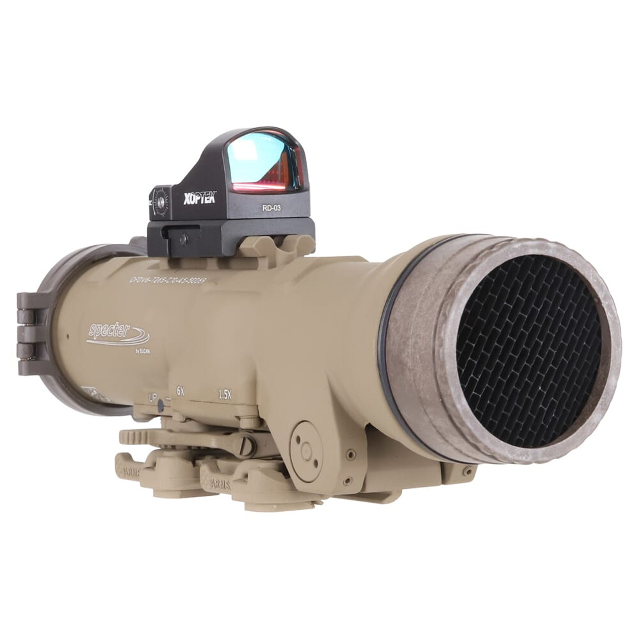 Elcan SpecterDR 1.5x/6x 5.56mm FDE Riflescope w/Flip Covers, ARD, & 3MOA XOPTEK DFOV6-T265-C10-X3