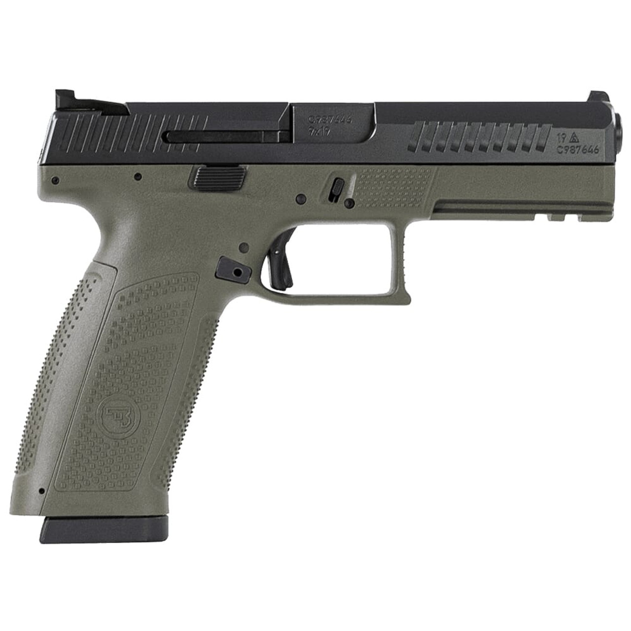 CZ-USA P-10 F 9mm 19rd ODG Handgun w/Polymer Frame, Nitride Slide, Fixed Sights, 3 Back Straps, Rev Mag Catch 89545