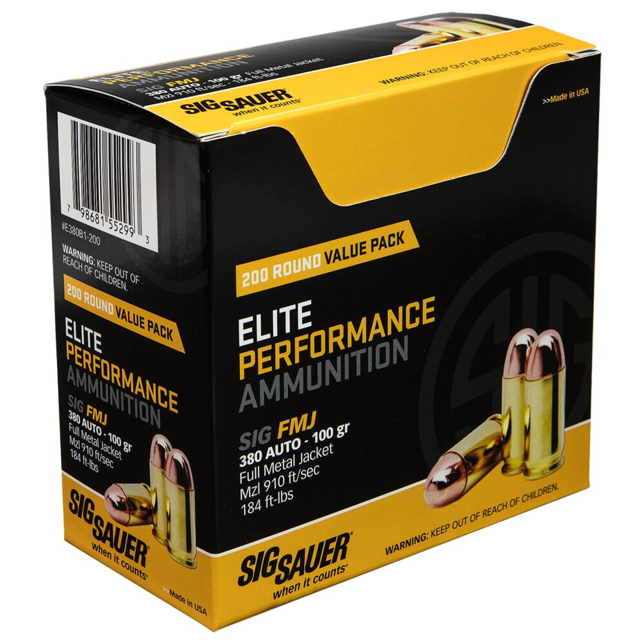 Sig Sauer Ammo .380 Auto 100gr Elite Ball Full Metal Jacket 200/Box E380B1-200