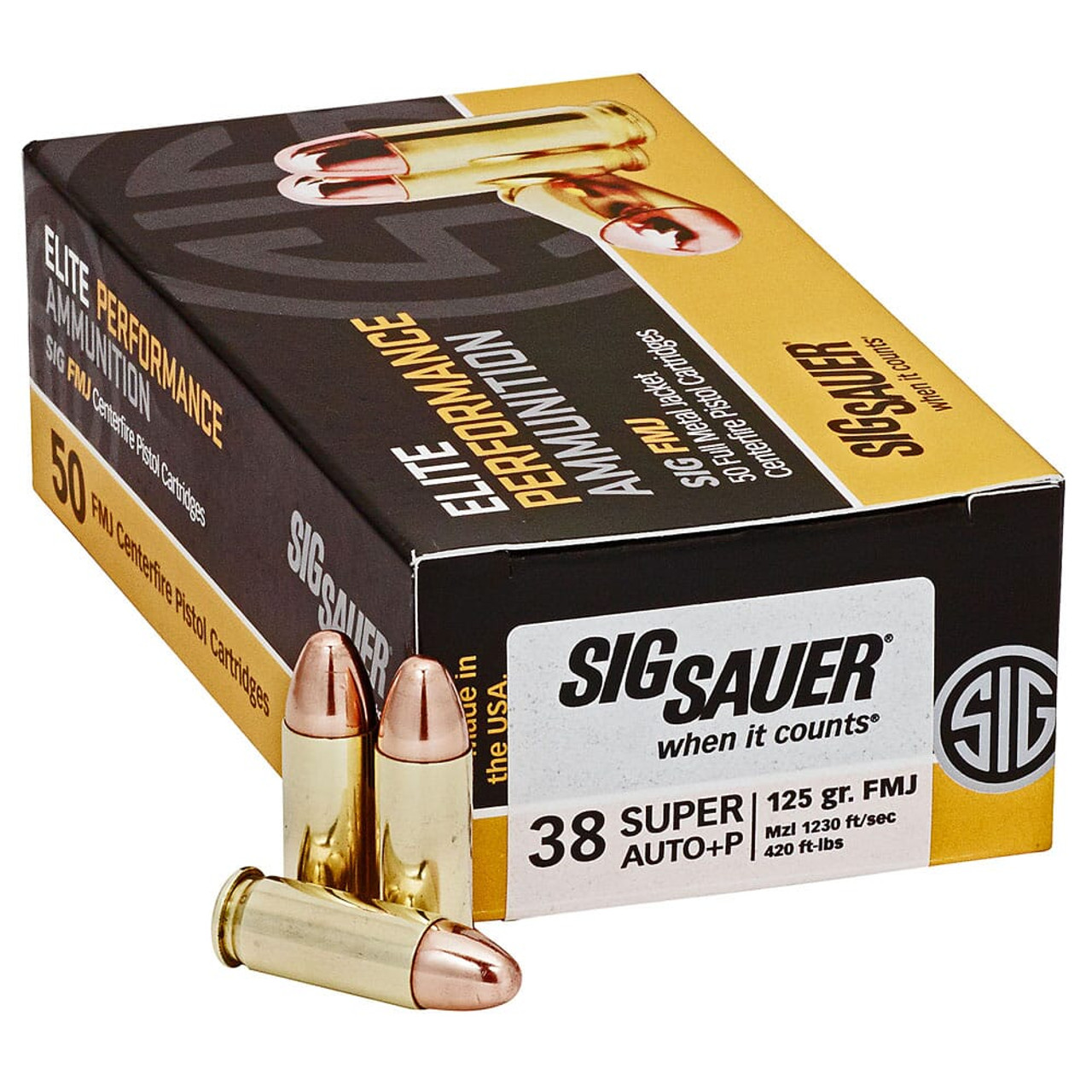 Sig Sauer Ammo .38 Super +P 125gr Elite Ball Full Metal Jacket 50/Box E38SUB-50