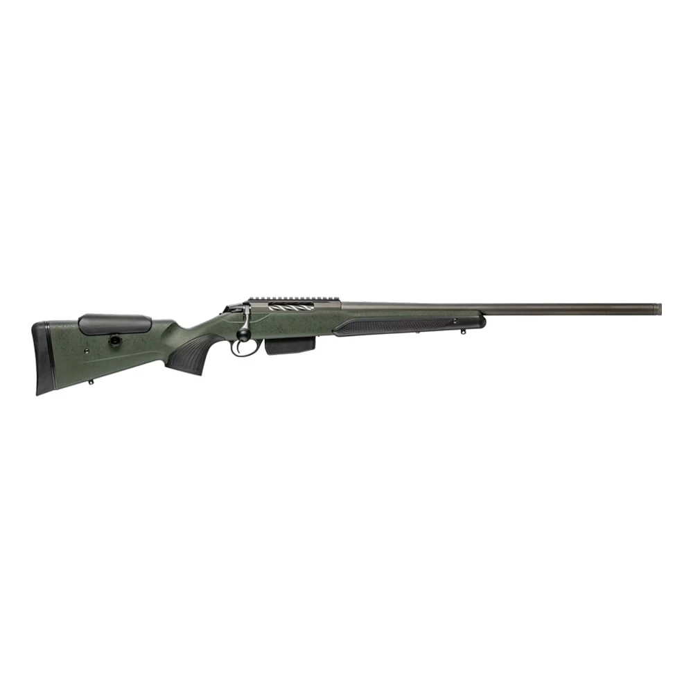 Tikka T3X Super Varmint Cerakote Tungsten 7MM PRC NS 23.7 BBL 1:1/8 5/8x24 TPI RH 2-stage 5RD Synth ADJ CHK / Green Roughtech JRTXRSV37124