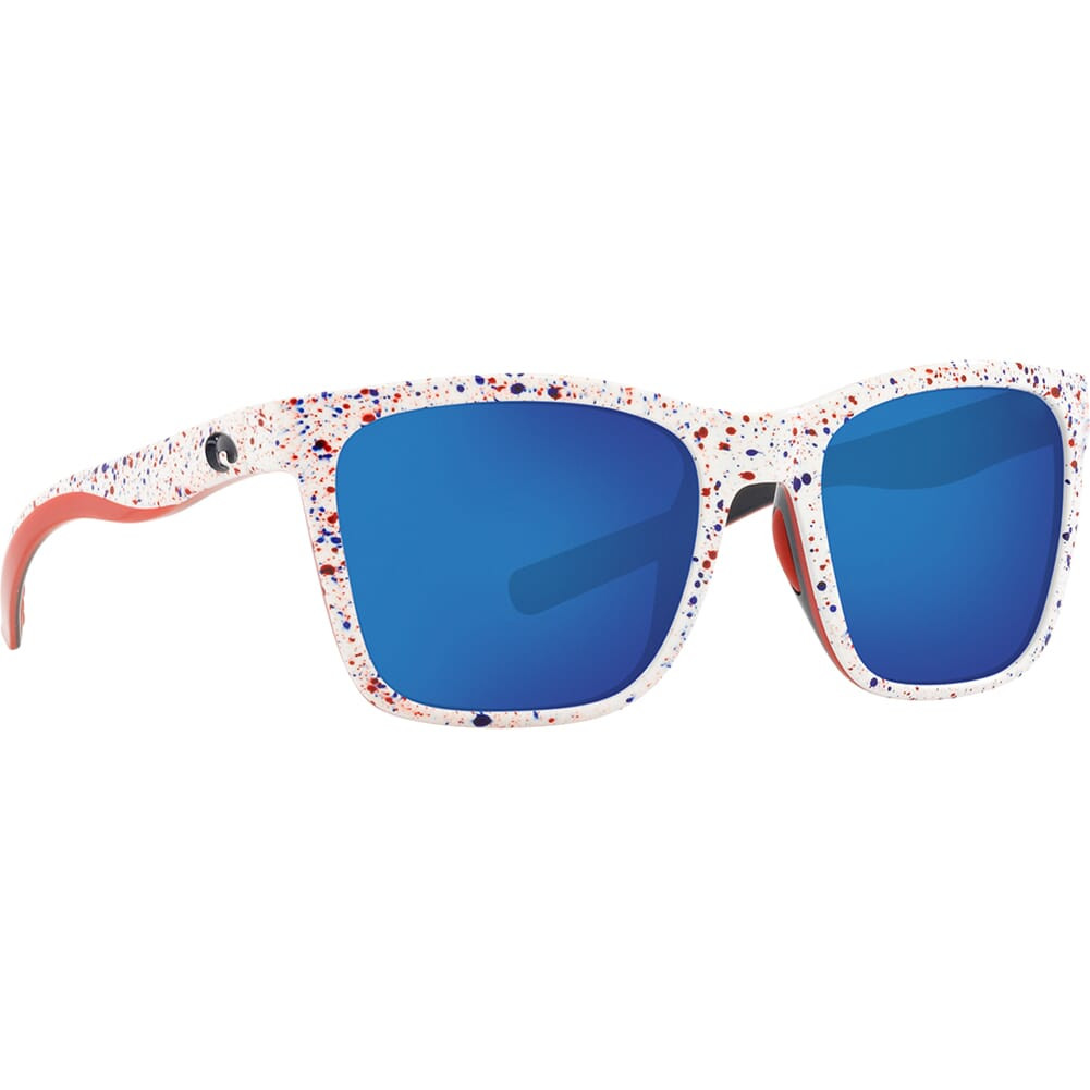 Costa Panga Shiny White Firework Frame Sunglasses w/Blue Mirror 580P Lenses 06S9037-90372156