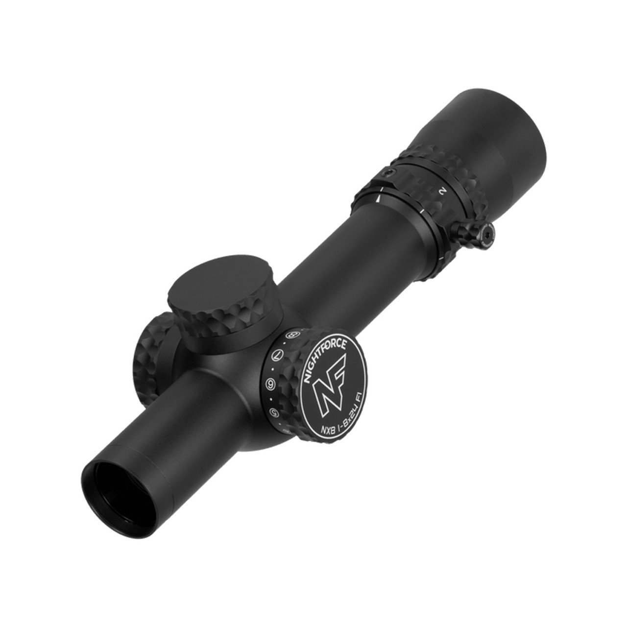 Nightforce NX8 1-8x24mm F1 Capped E/W .2 Mil-Radian Power Throw Lever FC-DMx (MOA) First Focal Plane Reticle Black Riflescope C710