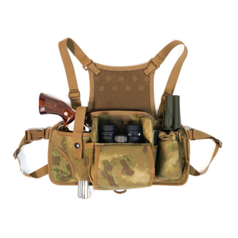 Armageddon Gear Gunslinger-Right Hand Camo Chest Rig w/Holster for Full-Size or Compact Handguns, Magnetic Bino Pouch,Dump Pouch AGH0127-CM