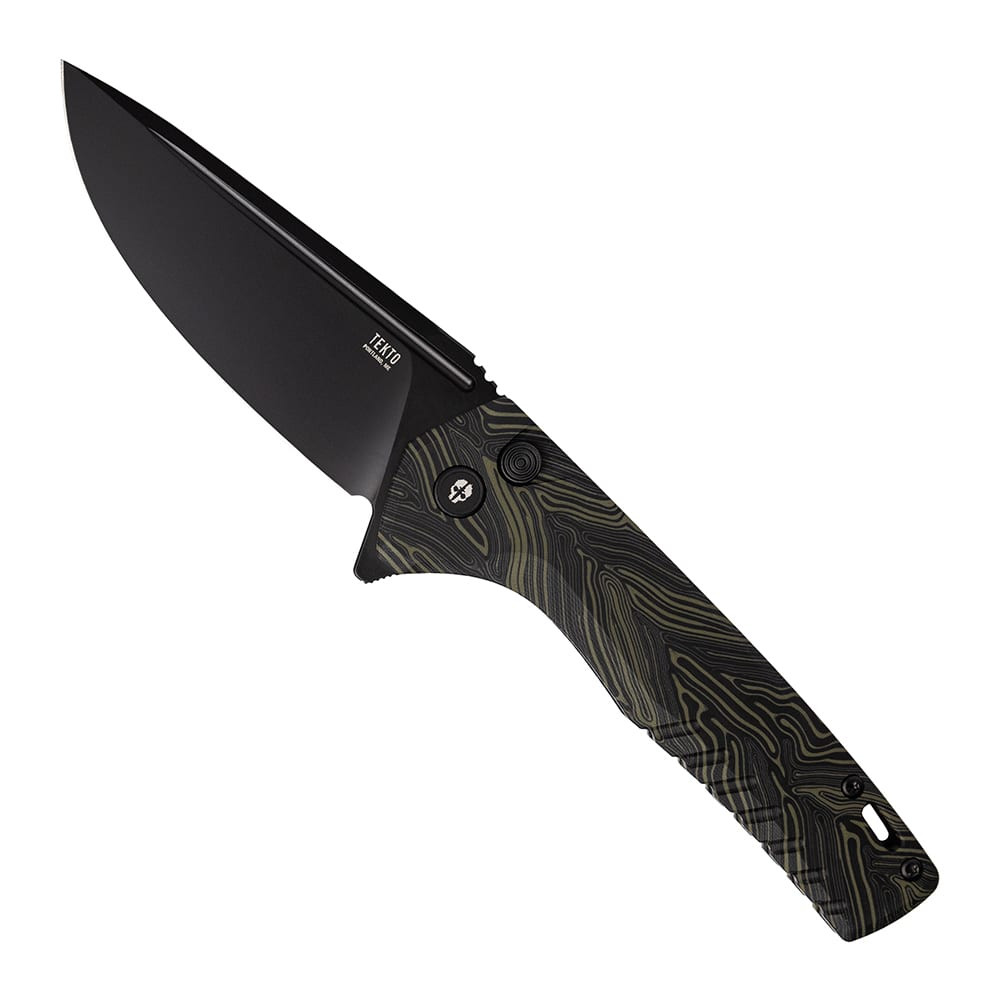 Tekto F3 Charlie Black D2 Blade Damascus G10 Handle Black Accents Drop Lock Fine Edge Folding Knife F3R-G1MX-D2BK1-A1