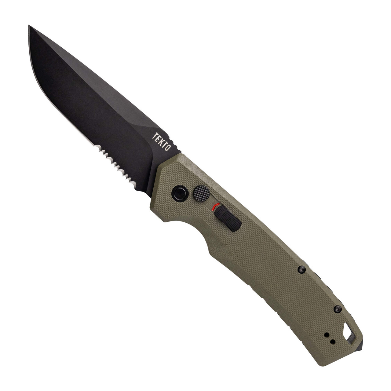 Tekto A3 Delta Black D2 Drop Point Blade OD Green G10 Handle Black Accents Serrated Automatic Knife A3R-G1OD-D2BK1S-A1