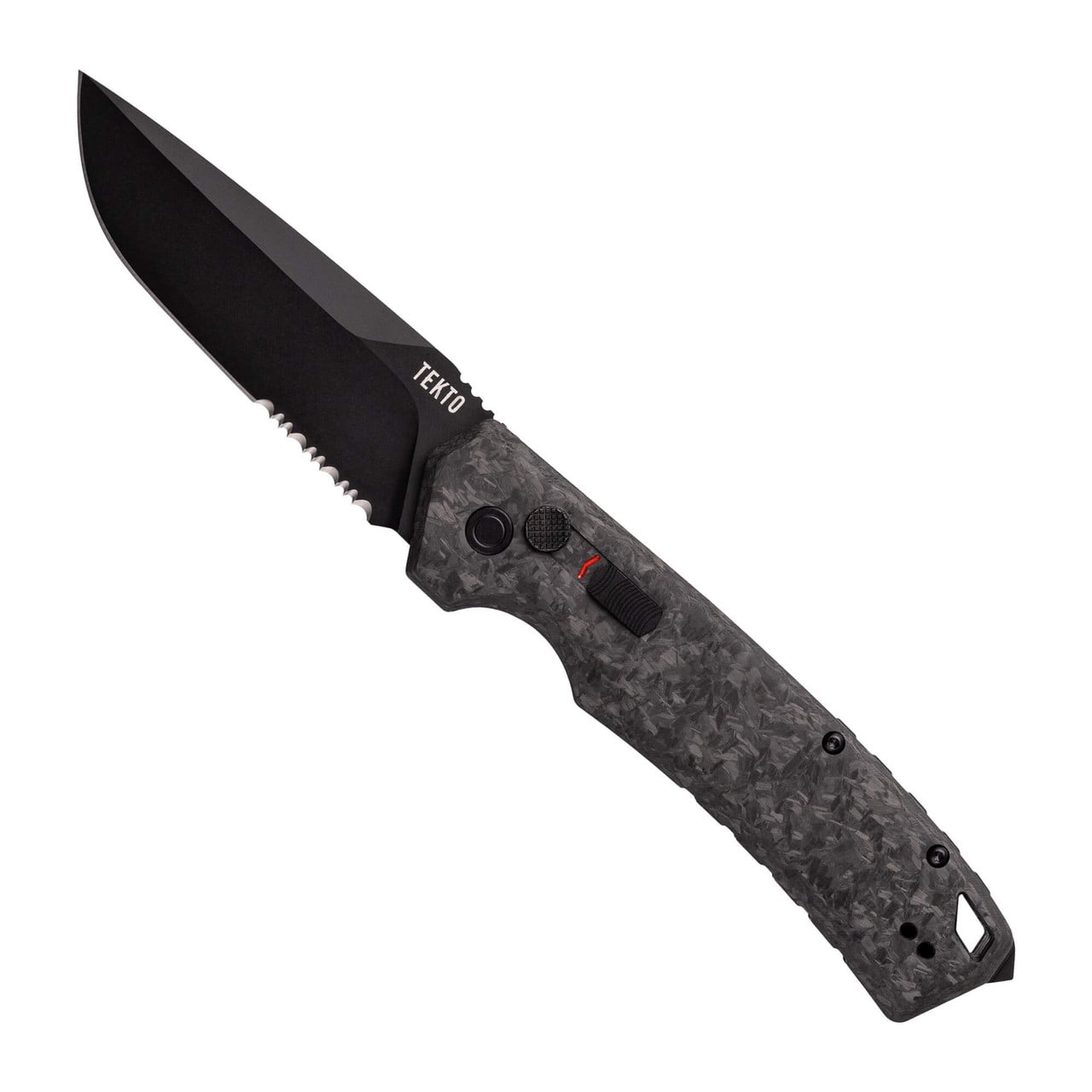 Tekto A3 Delta Black D2 Drop Point Blade Forged Carbon Handle Black Accents Serrated Automatic Knife A3R-CCBK-D2BK1S-A1