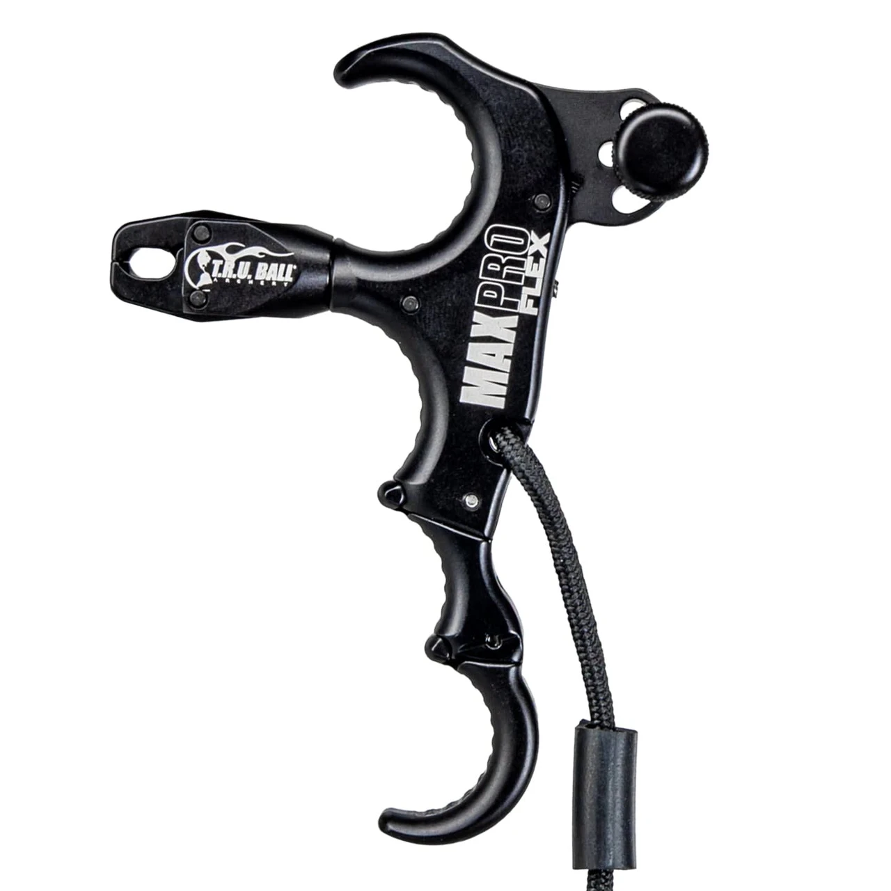 T.R.U. Ball Archery Max Pro Flex 4 Finger Aluminum/Brass Thumb Release with Lanyard Black Handle Release TMPF-BK