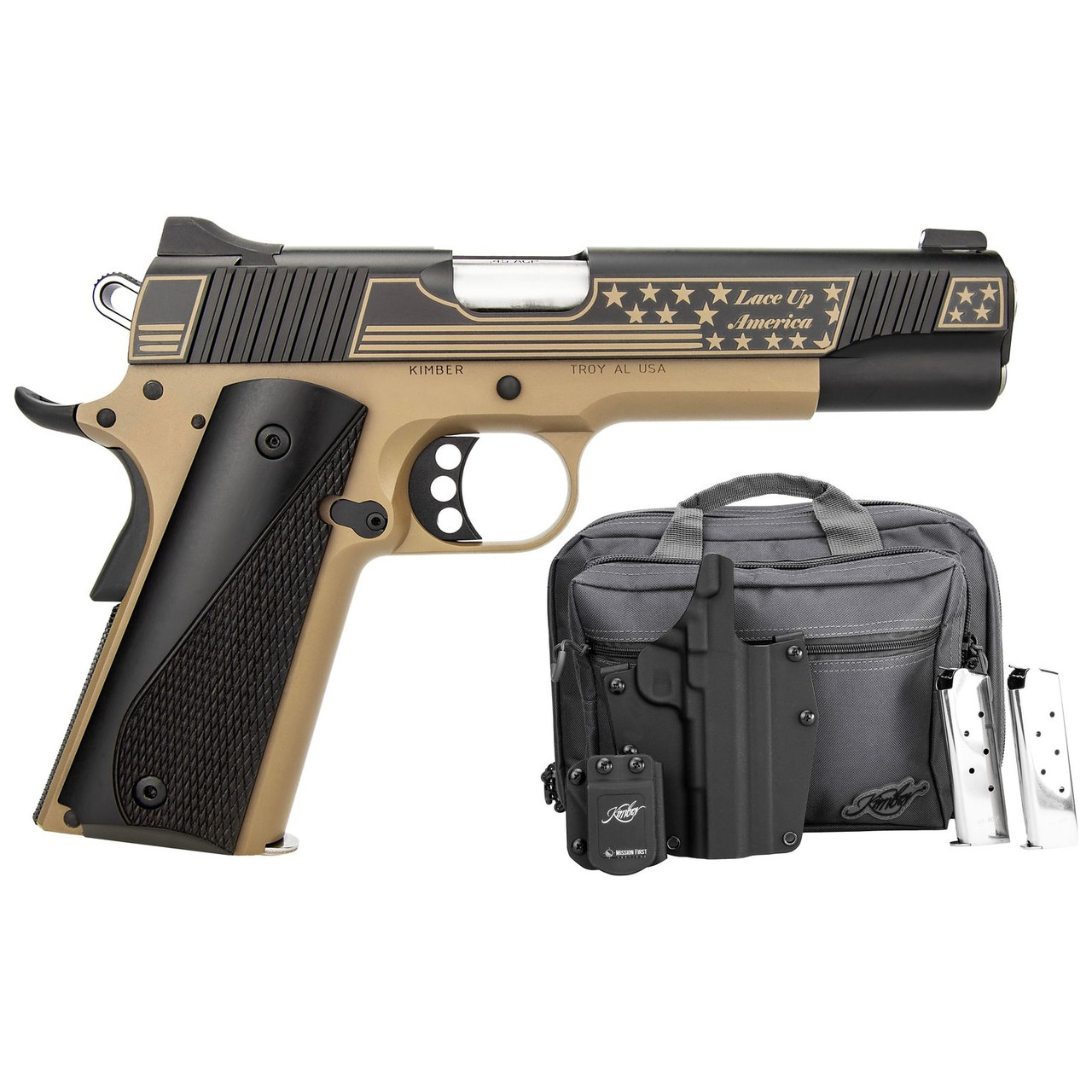 Kimber "Lace Up America" Boot Campaign 1911 .45 ACP Pistol Bundle w/(2) 7rd Mags, Mission First Tactical Holster & Mag Holster, & Range Bag 3700896