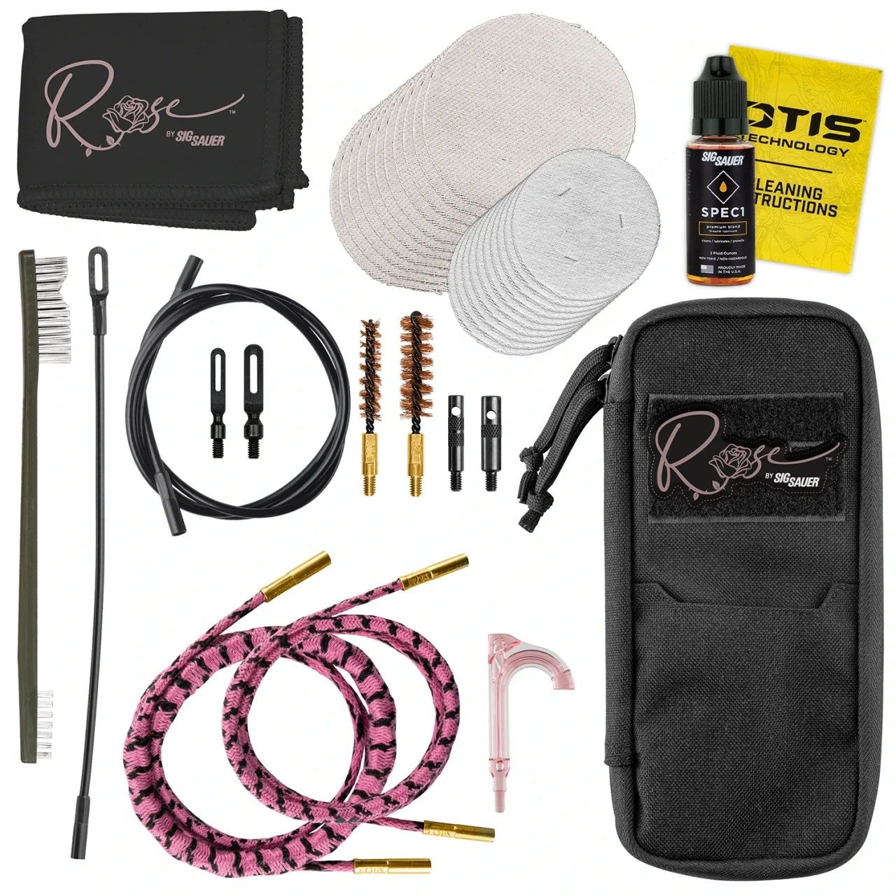 OTIS Rose by Sig Sauer + Otis Cleaning Kit for 5.56 & 9mm w/ Bronze Bore Brushes, Sig Spec1 Lubricant, Soft Case Pack FG-901-556-9-SGRSE