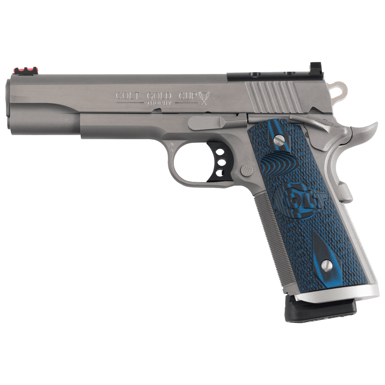 Colt 1911 Gold Cup Trophy 9mm 5" Bbl Black Serrated Sights OR Ext Mag Well 9+1 Cap G10 Blue Scalloped & Checkered Grip SS Pistol O5072XE-OR